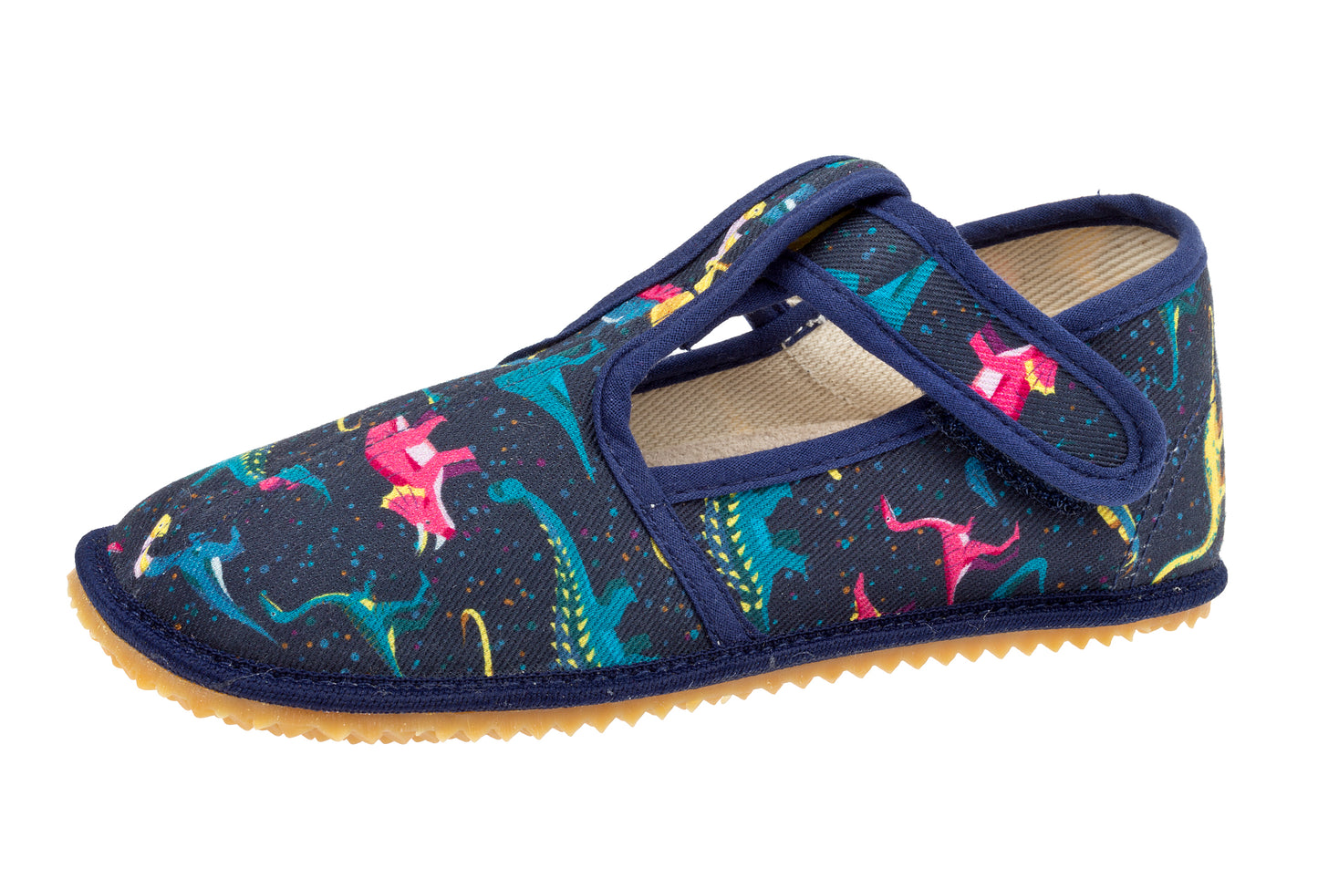 Beda Hausschuhe Slim Colorful Dinos schmaler Barfuß-Hausschuh für Kinder