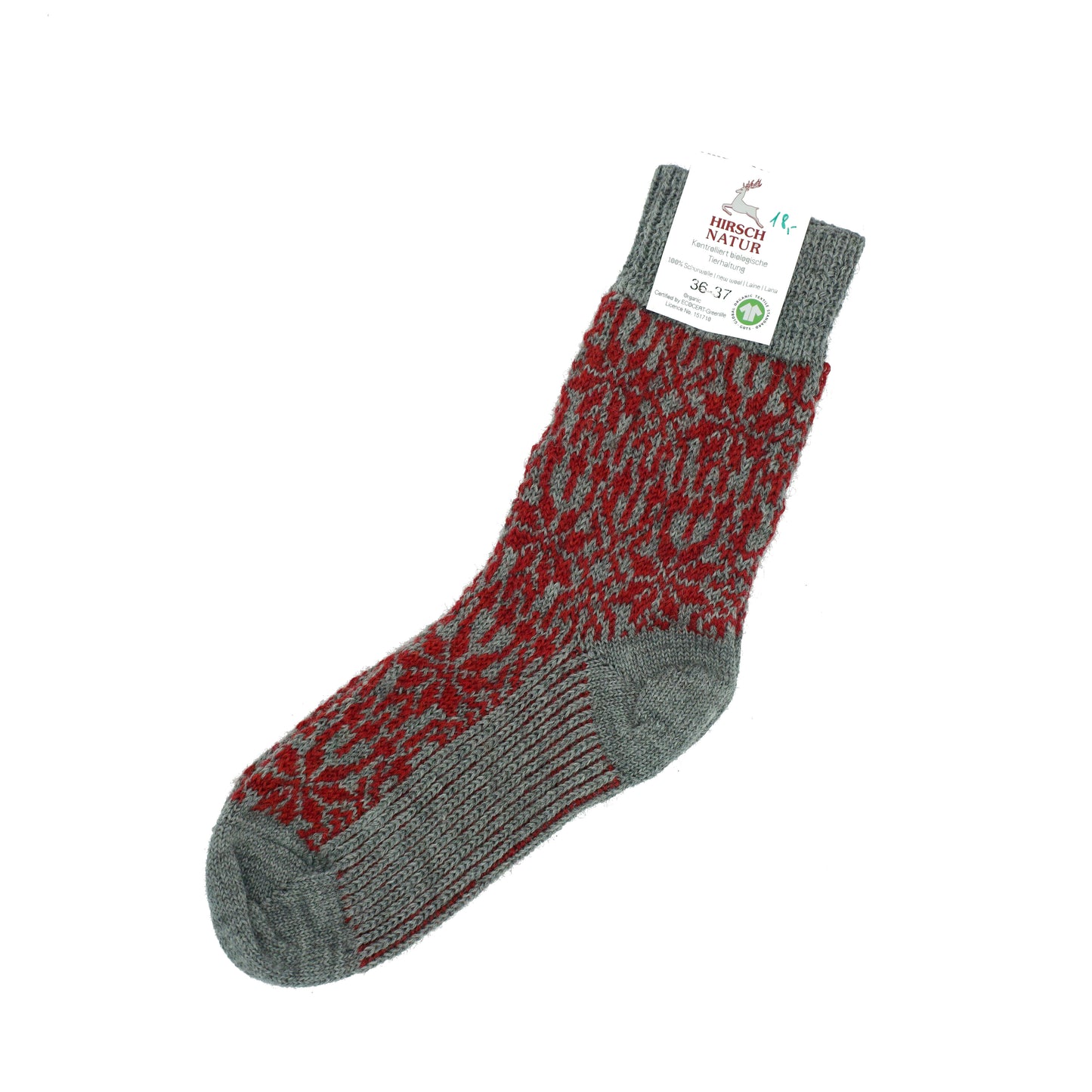 Hirsch Natur Wollsocke Sternenmuster Grau/Rot